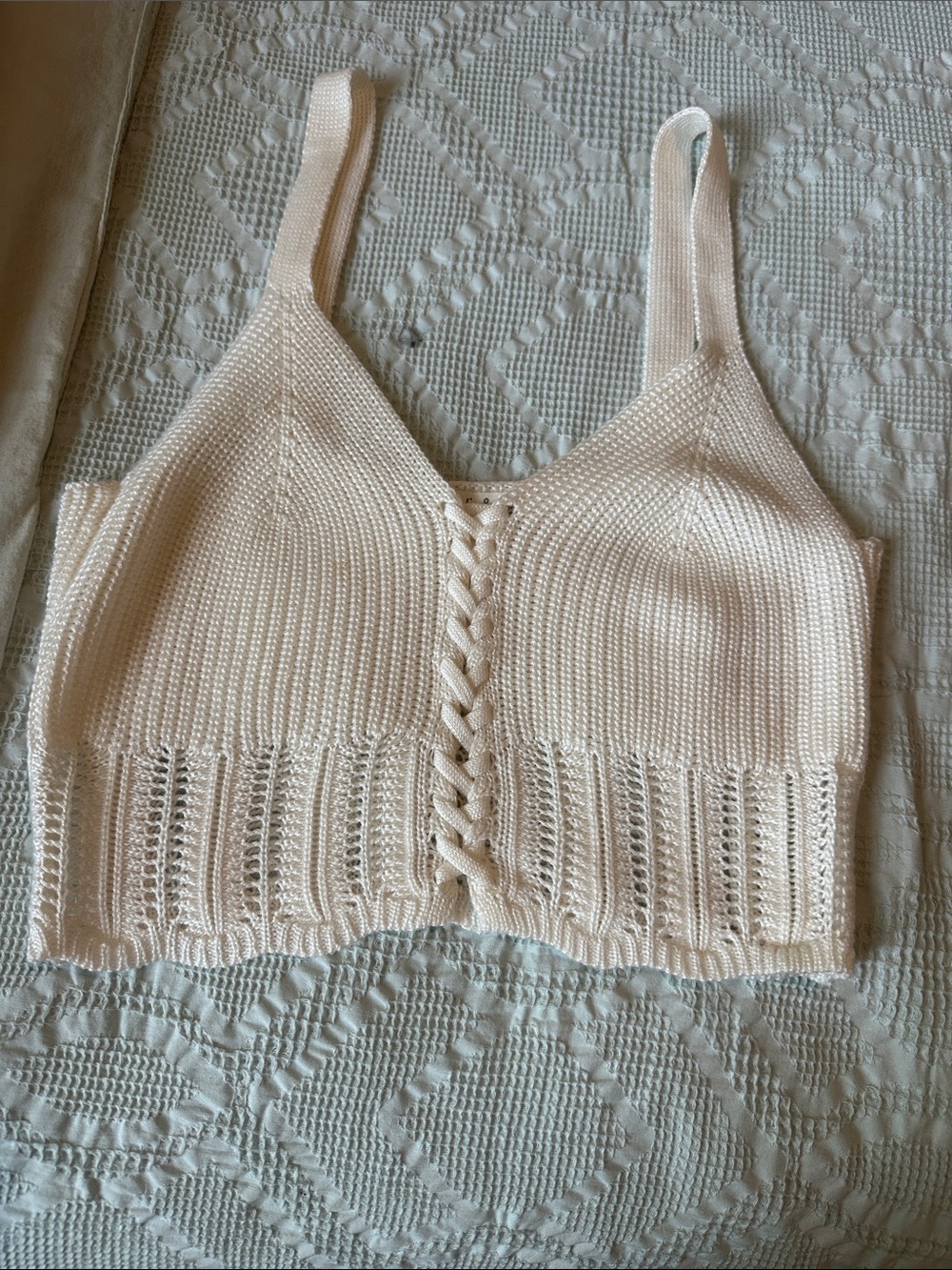 Cream Knit Crochet-Front Crop Tank Top